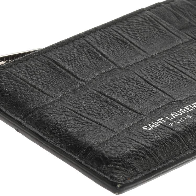 Pre Owned Saint Laurent Paris Black Croc Embossed Leather Zip Card Holder 