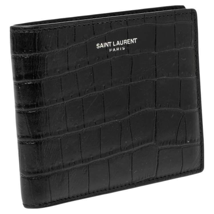Pre Owned Saint Laurent Black Croc Embossed Leather Bifold Wallet