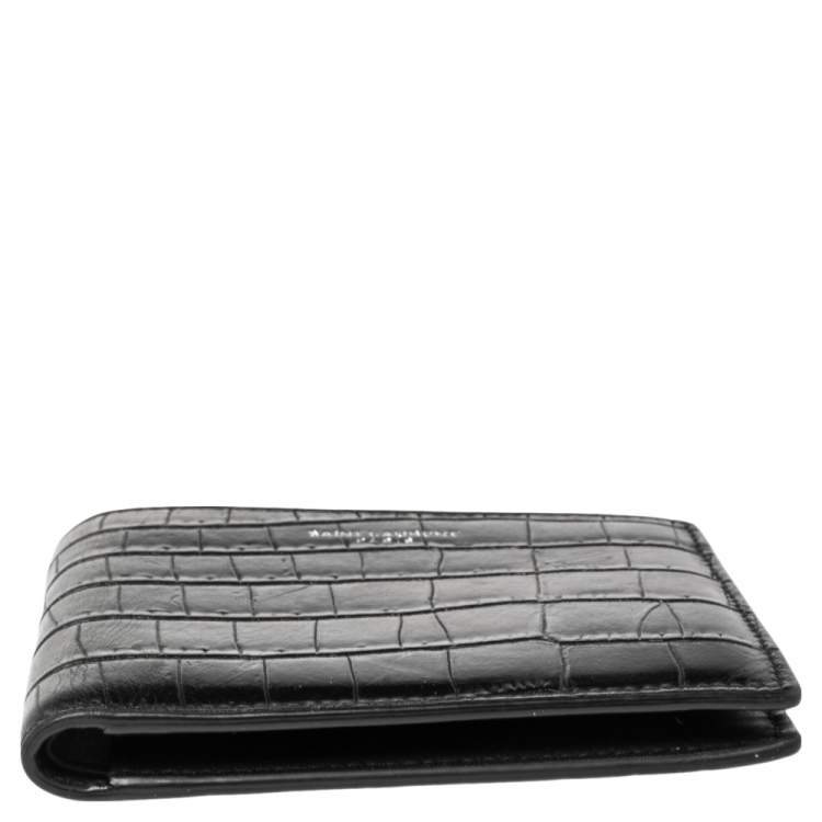 Pre Owned Saint Laurent Black Croc Embossed Leather Bifold Wallet
