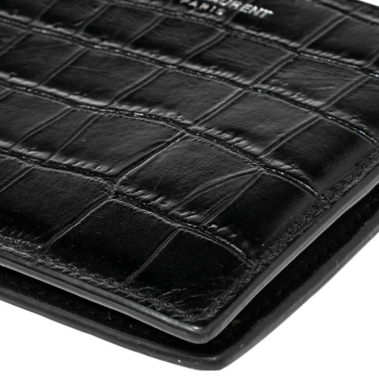 Pre Owned Saint Laurent Black Croc Embossed Leather Bifold Wallet