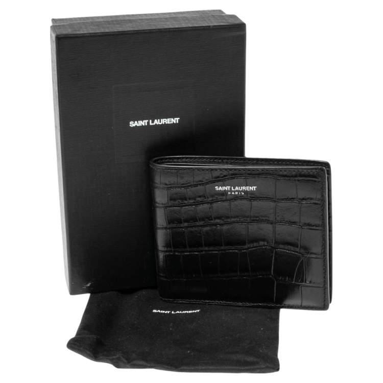 Pre Owned Saint Laurent Black Croc Embossed Leather Bifold Wallet