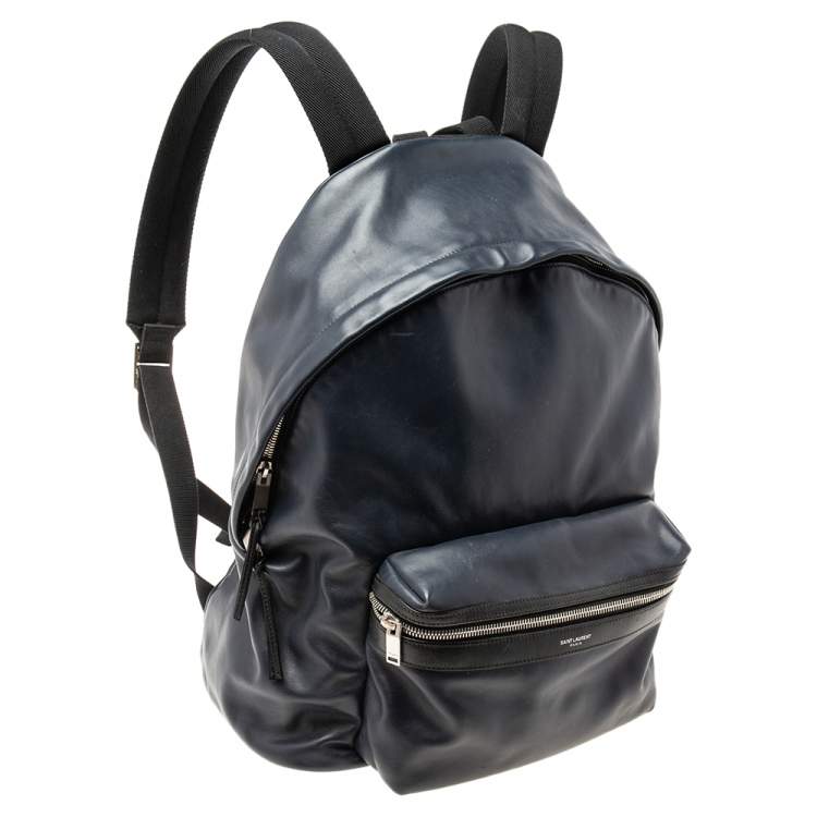 Pre Owned Saint Laurent Navy Blue/Black Leather and Canvas Classic Backpack