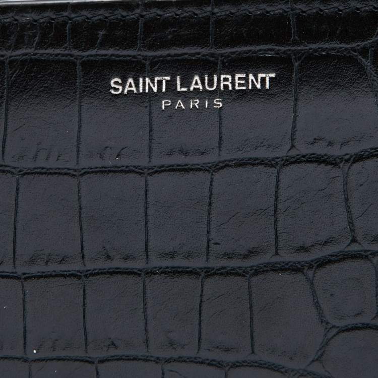 Pre Owned Saint Laurent Black Croc Embossed Leather East/West Bifold Wallet