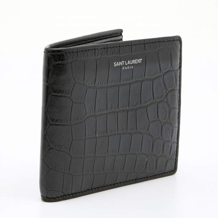 Pre Owned Saint Laurent Black Croc Embossed Leather East/West Bifold Wallet