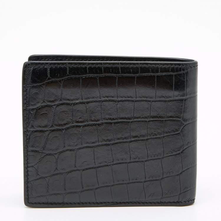 Pre Owned Saint Laurent Black Croc Embossed Leather East/West Bifold Wallet