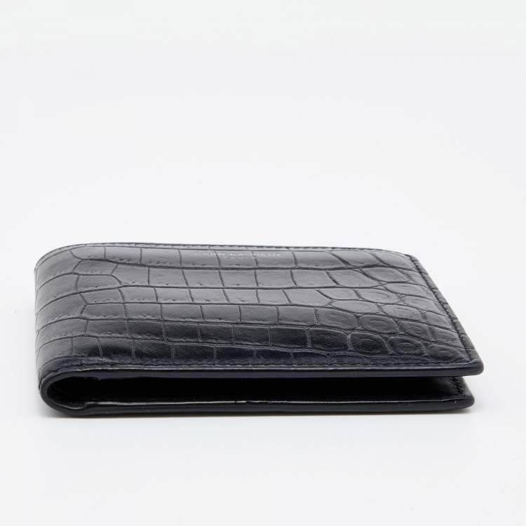 Pre Owned Saint Laurent Black Croc Embossed Leather East/West Bifold Wallet