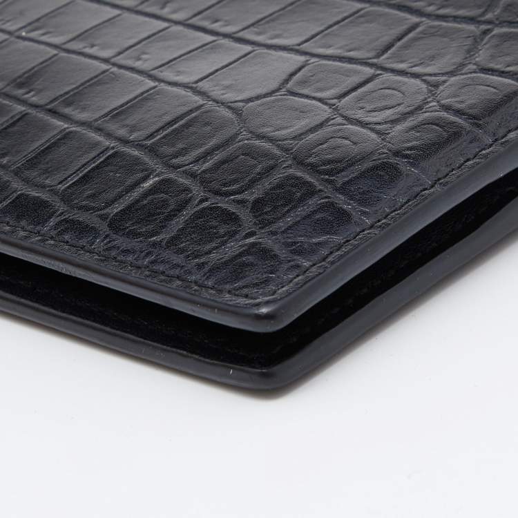Pre Owned Saint Laurent Black Croc Embossed Leather East/West Bifold Wallet