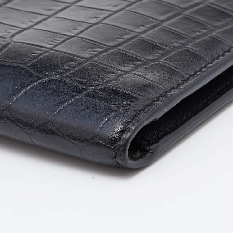 Pre Owned Saint Laurent Black Croc Embossed Leather East/West Bifold Wallet