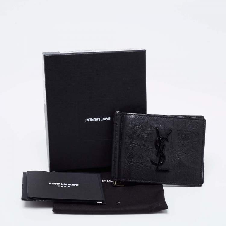 Pre Owned Saint Laurent Black Croc Embossed Leather Bifold Money Clip
