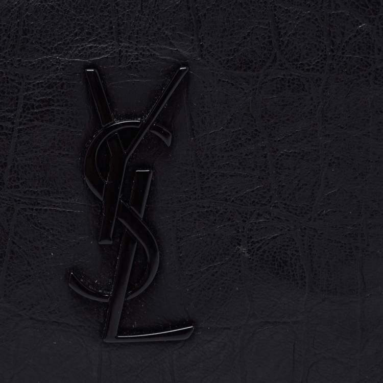 Pre Owned Saint Laurent Black Croc Embossed Leather Bifold Money Clip