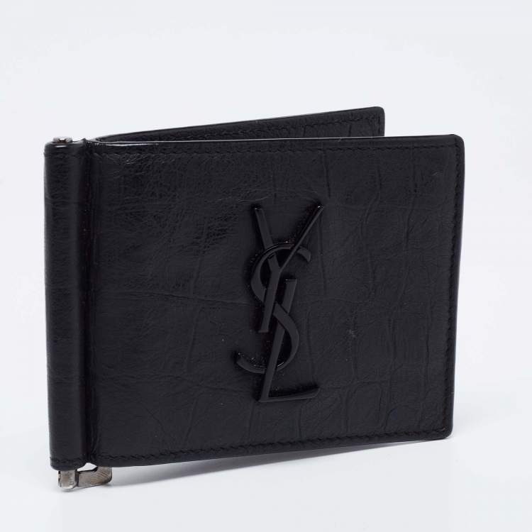 Pre Owned Saint Laurent Black Croc Embossed Leather Bifold Money Clip