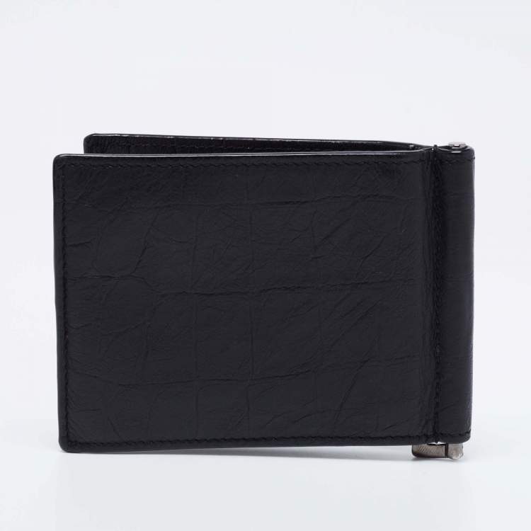 Pre Owned Saint Laurent Black Croc Embossed Leather Bifold Money Clip