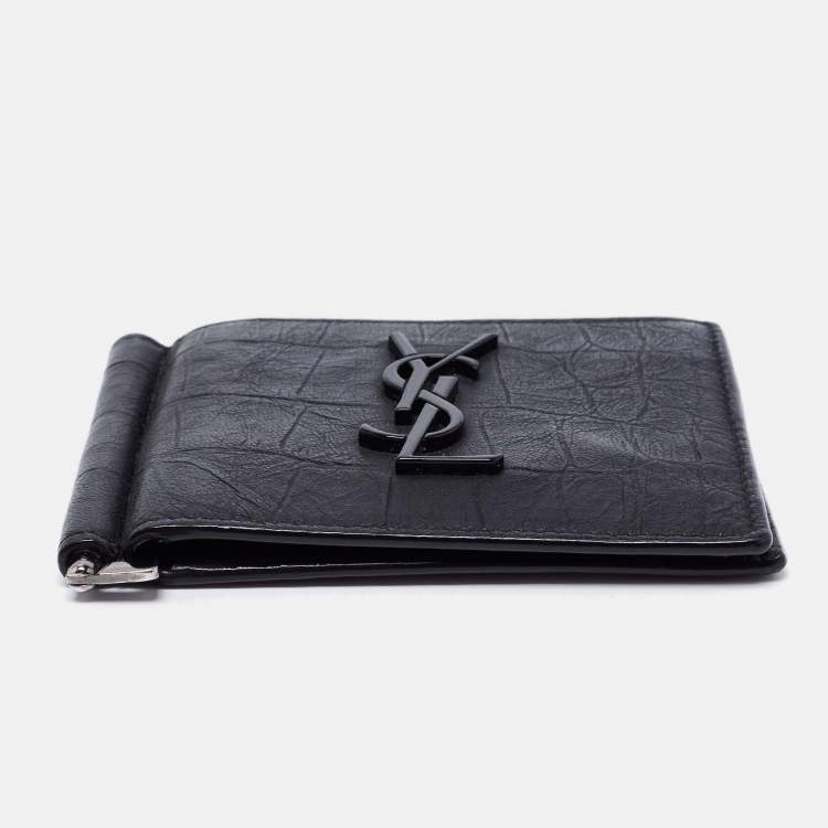 Pre Owned Saint Laurent Black Croc Embossed Leather Bifold Money Clip