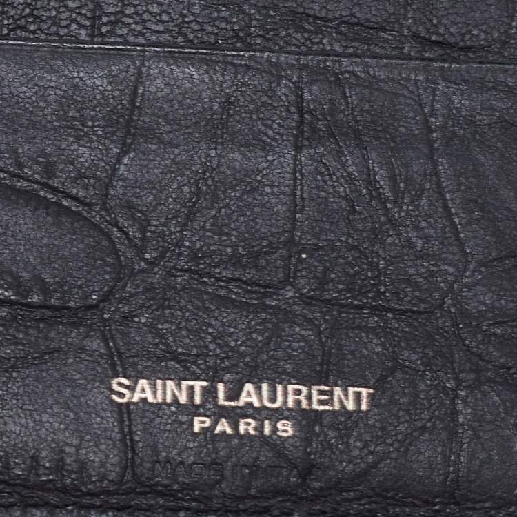 Pre Owned Saint Laurent Black Croc Embossed Leather Bifold Money Clip