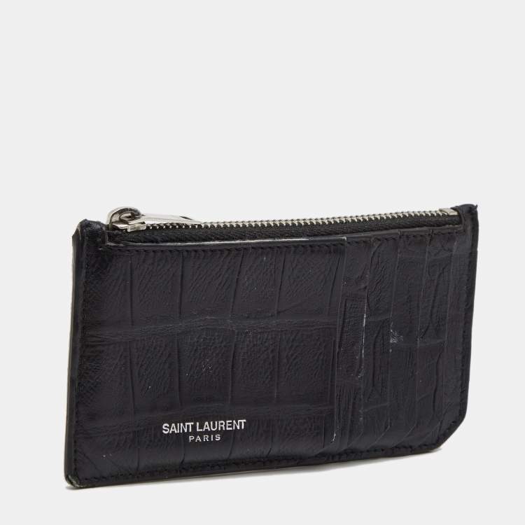 Pre Owned Saint Laurent Black Croc Embossed Leather Card Holder