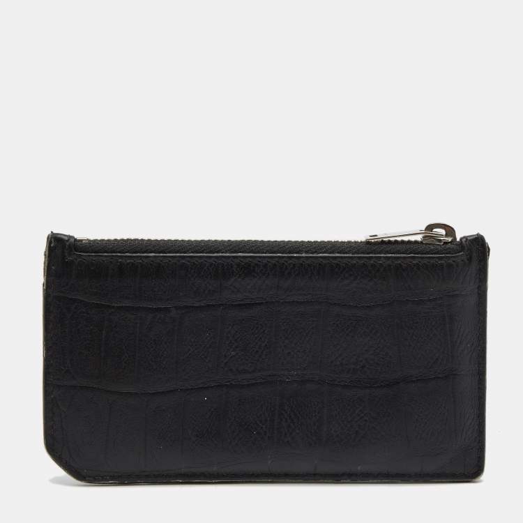 Pre Owned Saint Laurent Black Croc Embossed Leather Card Holder