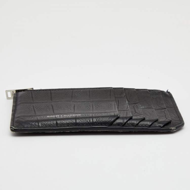 Pre Owned Saint Laurent Black Croc Embossed Leather Card Holder