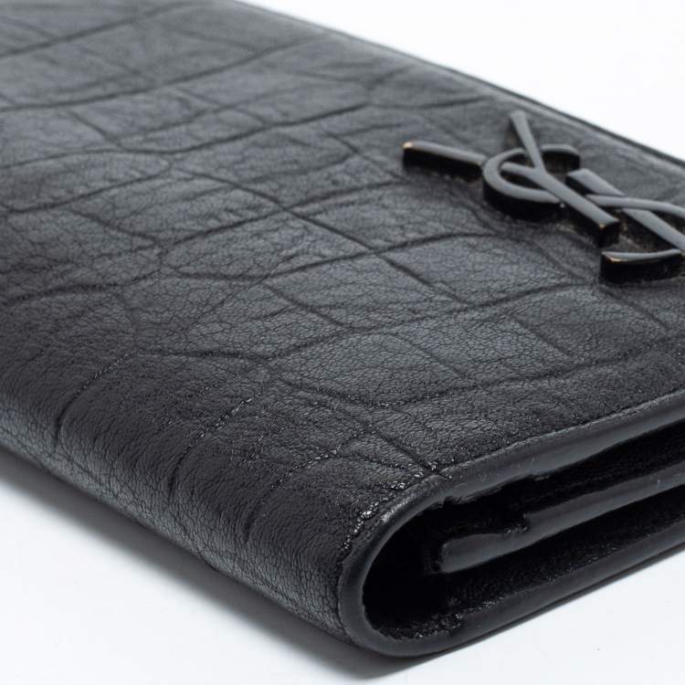Pre Owned Saint Laurent Black Croc Embossed Leather Cassandre Long Wallet