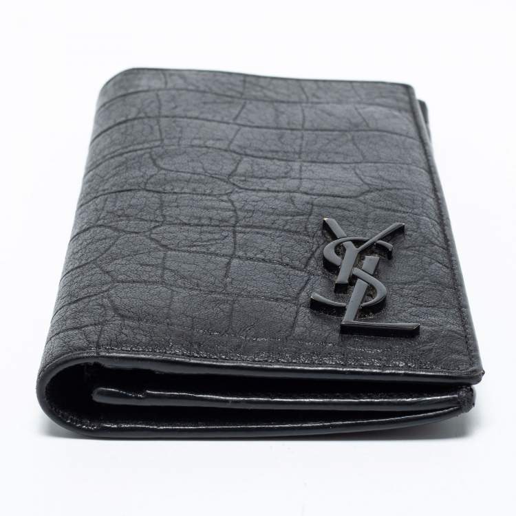Pre Owned Saint Laurent Black Croc Embossed Leather Cassandre Long Wallet