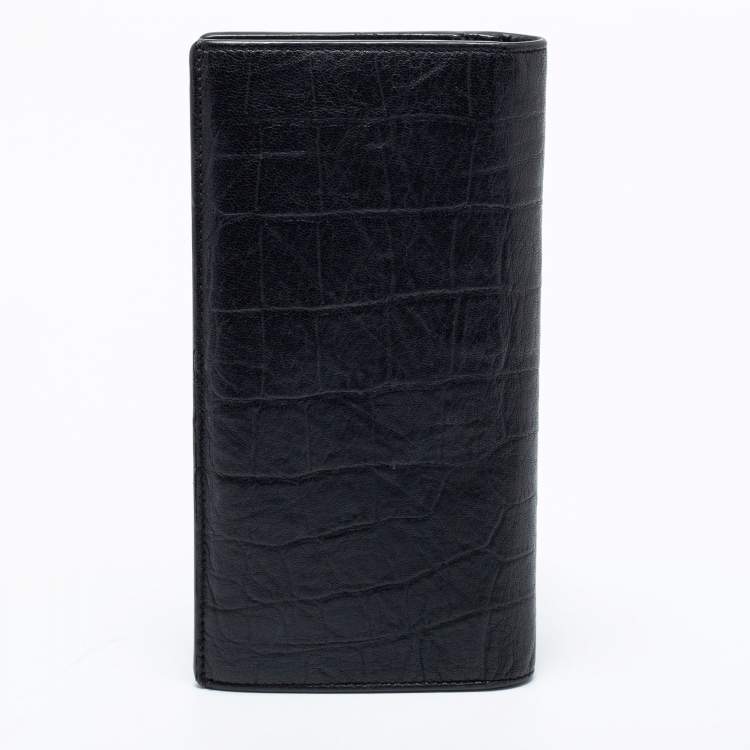 Pre Owned Saint Laurent Black Croc Embossed Leather Cassandre Long Wallet