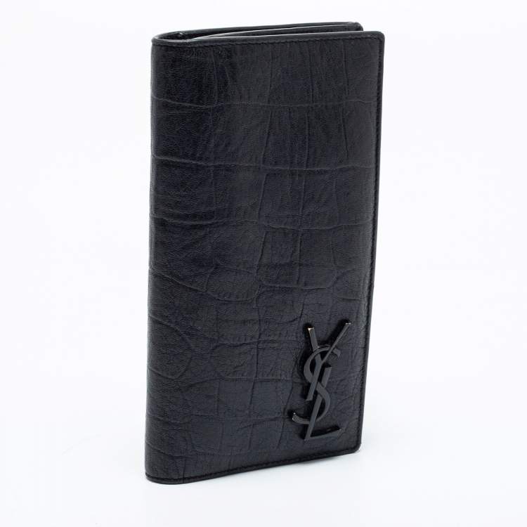 Pre Owned Saint Laurent Black Croc Embossed Leather Cassandre Long Wallet