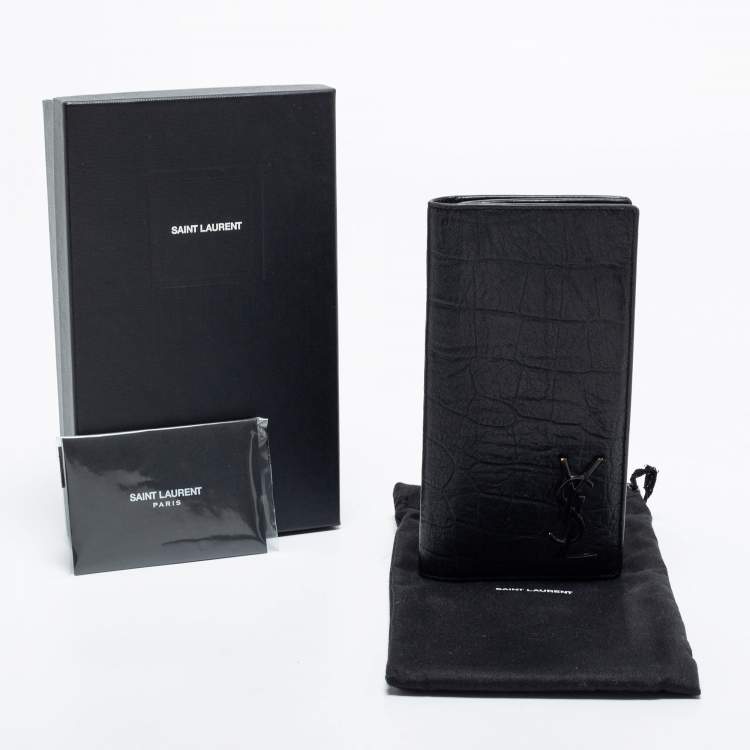 Pre Owned Saint Laurent Black Croc Embossed Leather Cassandre Long Wallet