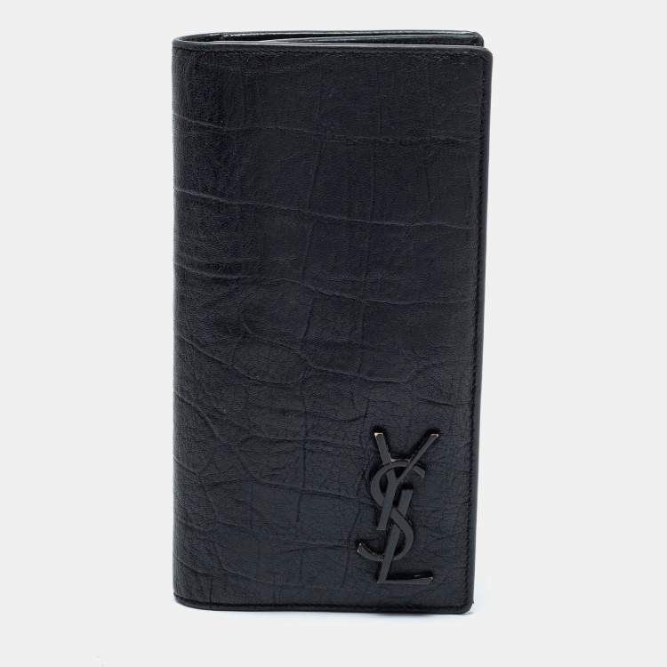 Pre Owned Saint Laurent Black Croc Embossed Leather Cassandre Long Wallet