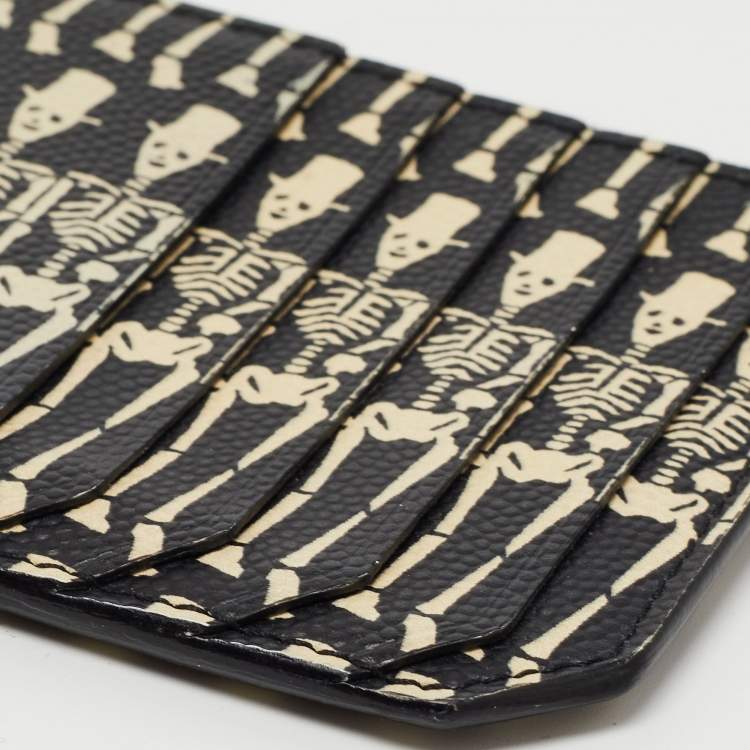 Pre Owned Saint Laurent Black/White Grain Skeleton Print Leather Zip Card Holder