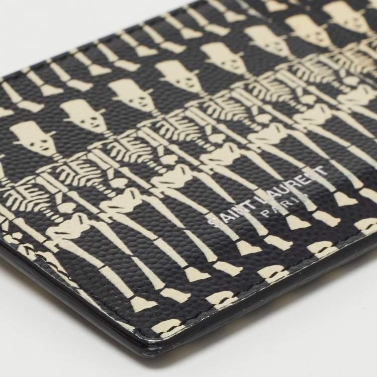 Pre Owned Saint Laurent Black/White Grain Skeleton Print Leather Zip Card Holder