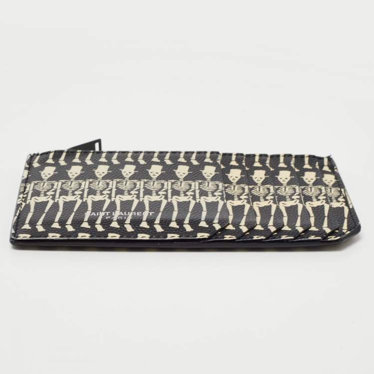 Pre Owned Saint Laurent Black/White Grain Skeleton Print Leather Zip Card Holder