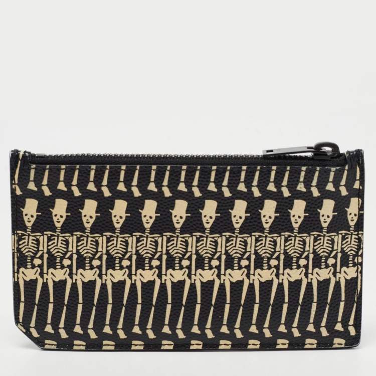 Pre Owned Saint Laurent Black/White Grain Skeleton Print Leather Zip Card Holder