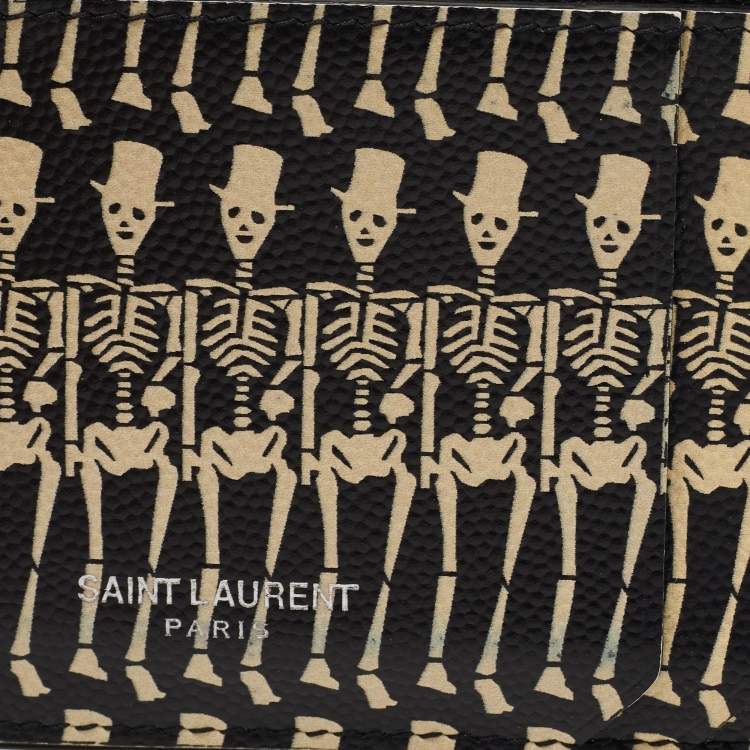 Pre Owned Saint Laurent Black/White Grain Skeleton Print Leather Zip Card Holder
