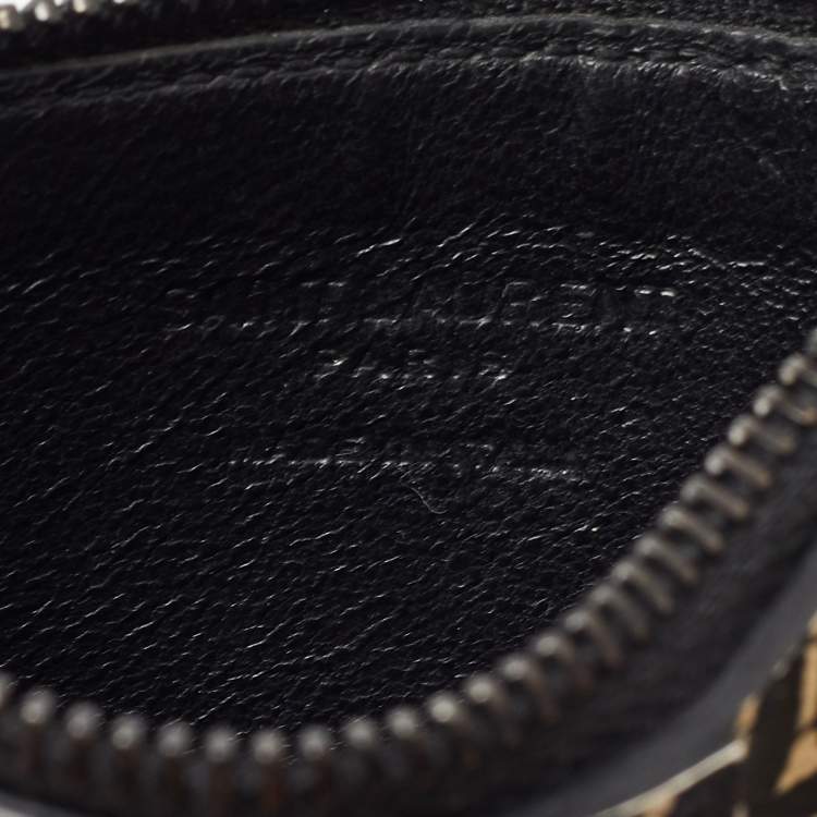 Pre Owned Saint Laurent Black/White Grain Skeleton Print Leather Zip Card Holder