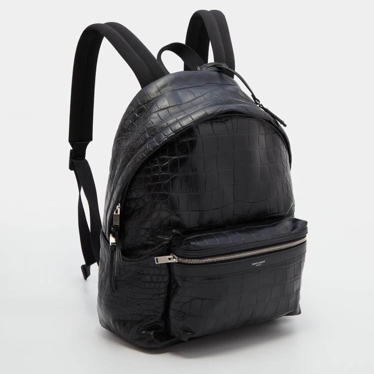 Pre Owned Saint Laurent Black Croc Embossed Leather and Canvas City Backpack