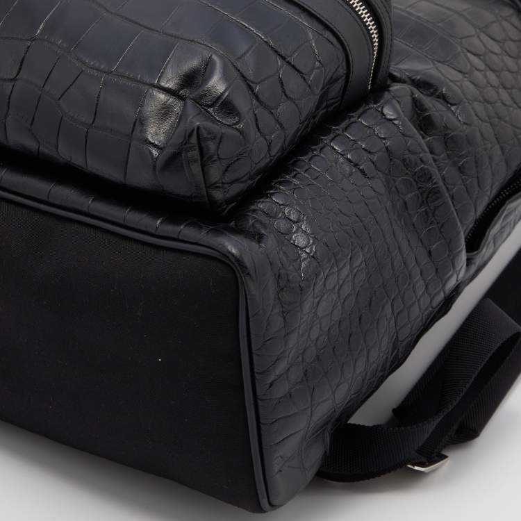 Pre Owned Saint Laurent Black Croc Embossed Leather and Canvas City Backpack