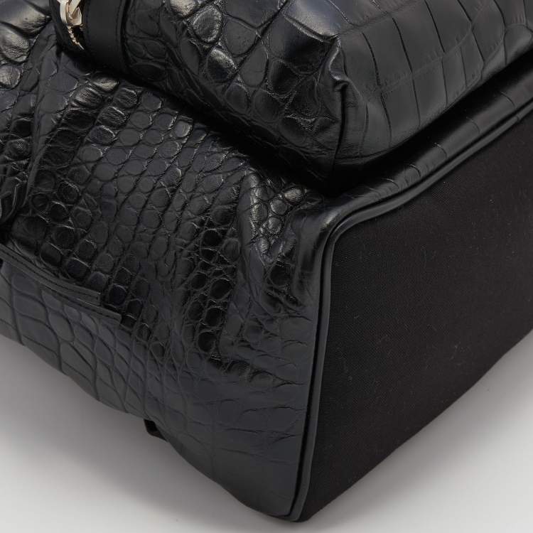 Pre Owned Saint Laurent Black Croc Embossed Leather and Canvas City Backpack