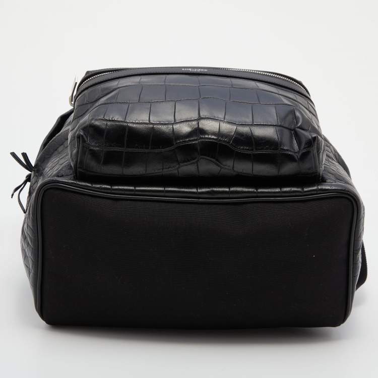 Pre Owned Saint Laurent Black Croc Embossed Leather and Canvas City Backpack