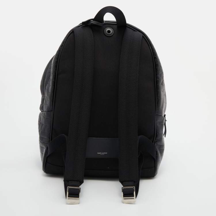 Pre Owned Saint Laurent Black Croc Embossed Leather and Canvas City Backpack