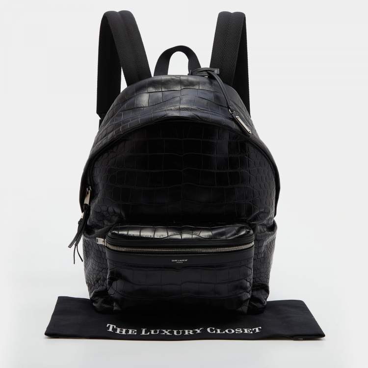 Pre Owned Saint Laurent Black Croc Embossed Leather and Canvas City Backpack