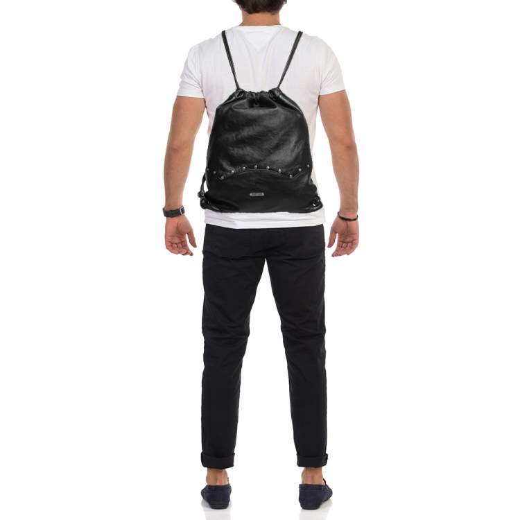 Black 'VLTN' Drawstring Backpack