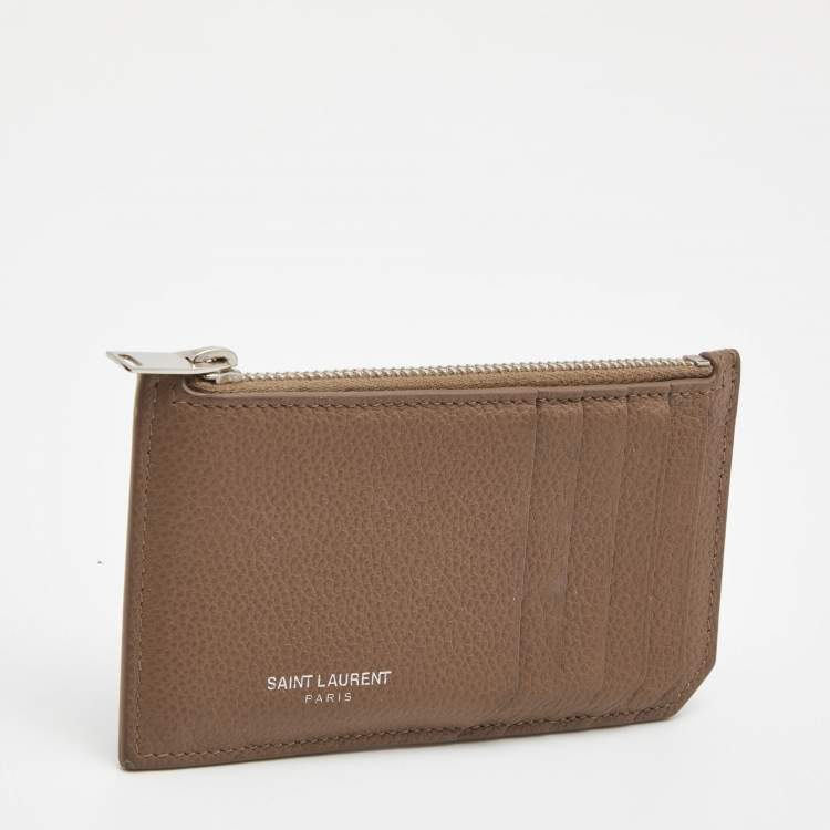 Pre Owned Saint Laurent Beige Leather Zip Card Case