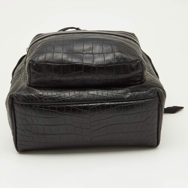 Pre Owned Saint Laurent Black Croc Embossed Leather and Canvas City Backpack