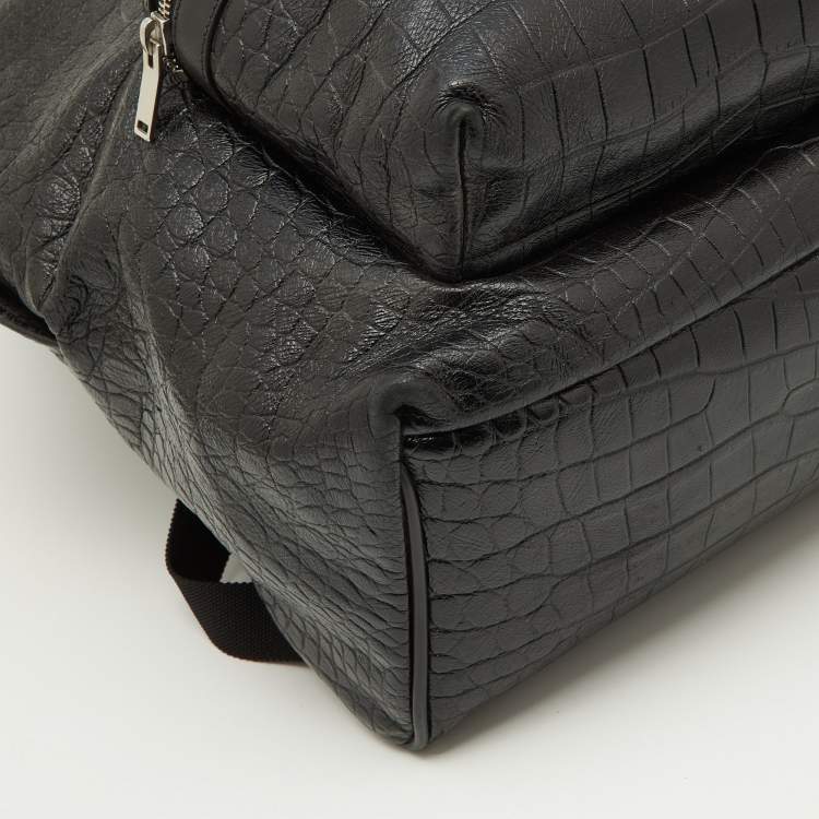 Pre Owned Saint Laurent Black Croc Embossed Leather and Canvas City Backpack