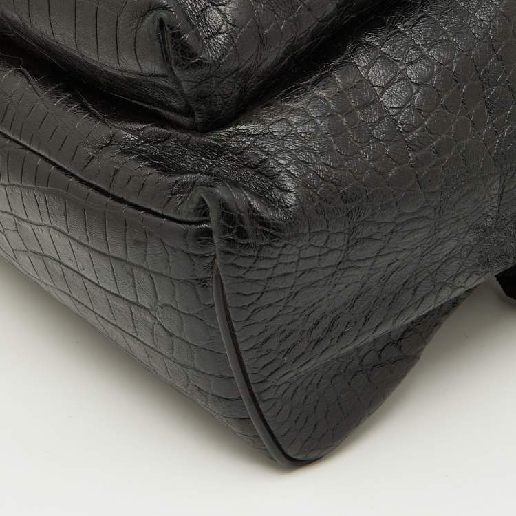Pre Owned Saint Laurent Black Croc Embossed Leather and Canvas City Backpack