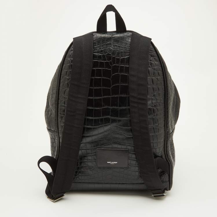 Pre Owned Saint Laurent Black Croc Embossed Leather and Canvas City Backpack