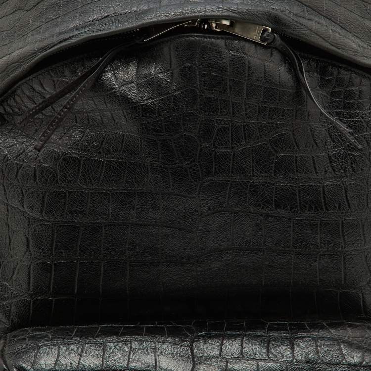 Pre Owned Saint Laurent Black Croc Embossed Leather and Canvas City Backpack