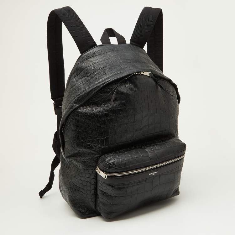Pre Owned Saint Laurent Black Croc Embossed Leather and Canvas City Backpack