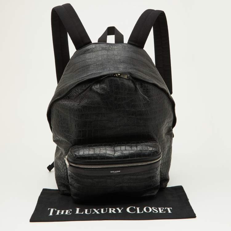 Pre Owned Saint Laurent Black Croc Embossed Leather and Canvas City Backpack