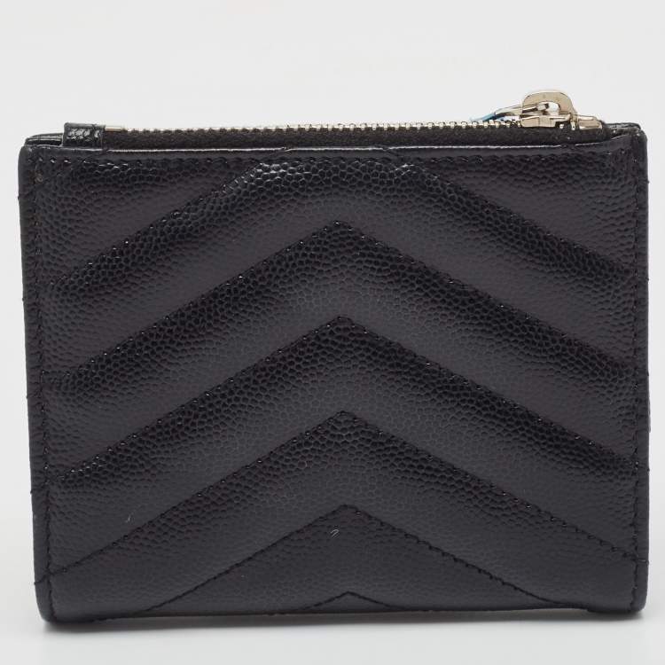 Pre Owned Saint Laurent Black Matelassé Leather Monogram Zip Bifold Wallet