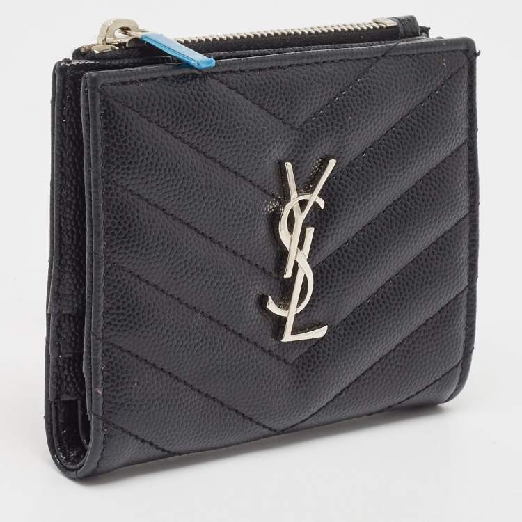Pre Owned Saint Laurent Black Matelassé Leather Monogram Zip Bifold Wallet